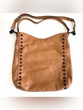 Loeffler Randal Large Leather Handbag Laptop Tote Camel Nude Tan Purse Hobo Stud